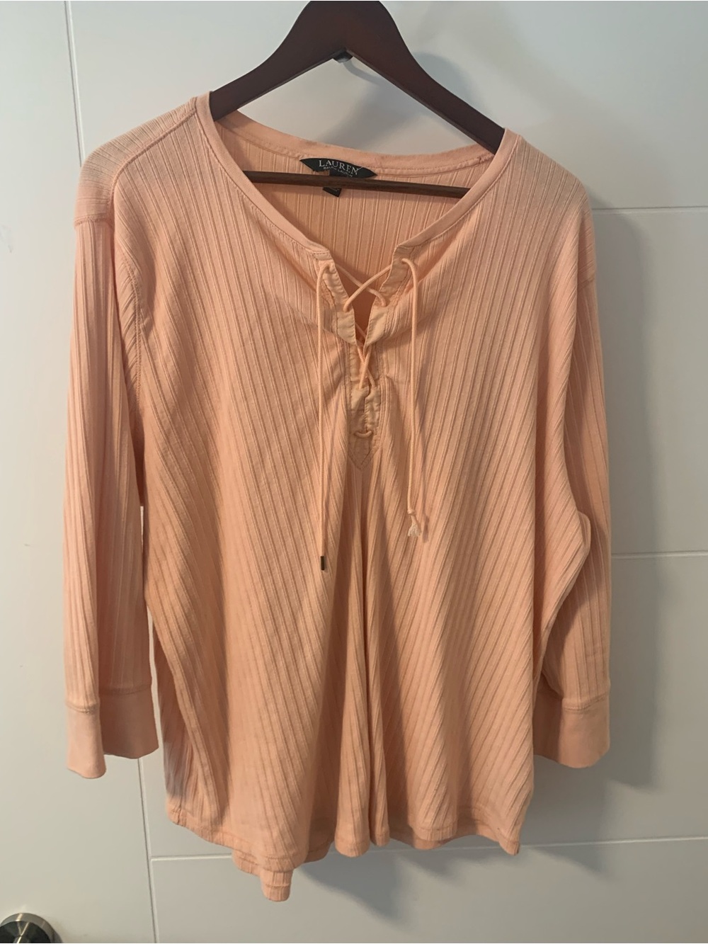 Lauren Ralph Lauren Peach Lace-Up Ribbed Long Sleeve Top A17